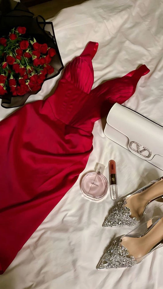 Elegant A Line V Neckline Red Satin Long Prom Dress Evening Dresses With Pleated C3380