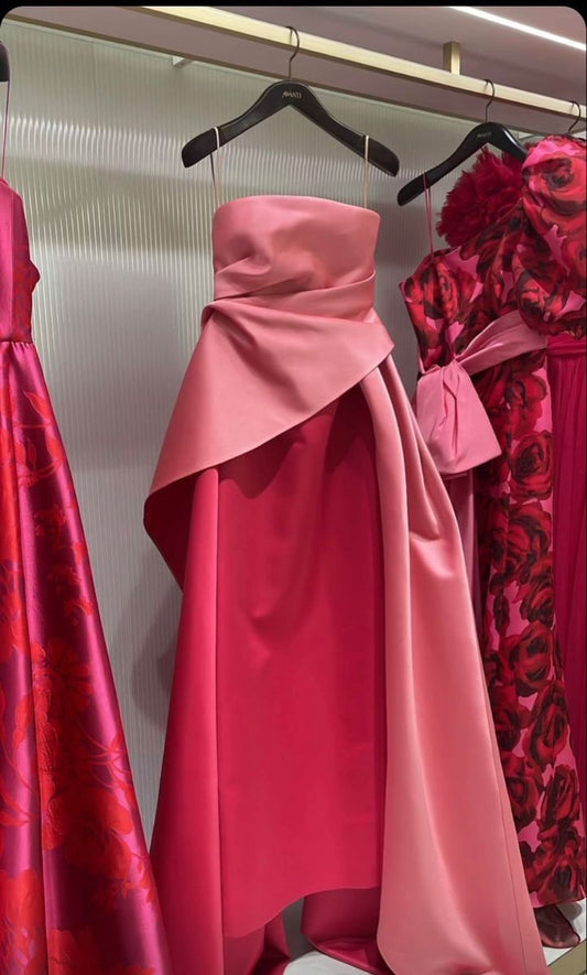 Elegant A Line Spaghetti Straps Pink Satin Long Prom Dress Evening Dresses With Pleated C3382