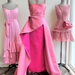 Elegant A Line Spaghetti Straps Pink Satin Long Prom Dress Evening Dresses With Pleated C3382