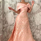 Pretty Mermaid Off The Shoulder Pink Satin Long Prom Dress Evening Dresses With Appliques C3383