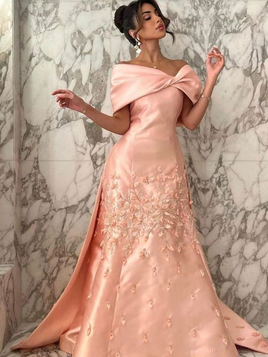 Pretty Mermaid Off The Shoulder Pink Satin Long Prom Dress Evening Dresses With Appliques C3383