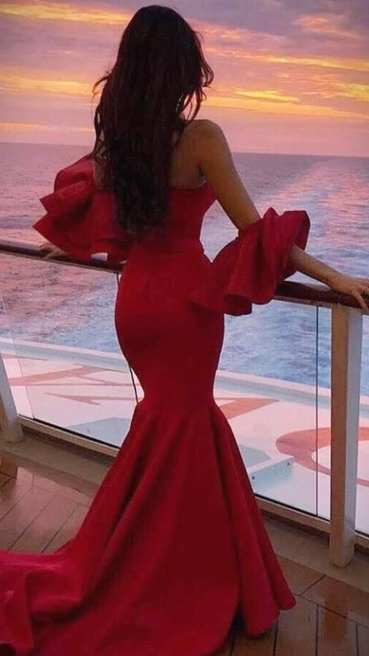 Elegant Mermaid Strapless Red Satin Long Prom Dress Evening Dresses With Sleeves C3384