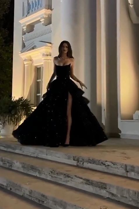 Elegant Ball Gown Strapless Black Sequin Long Prom Dress Evening Dresses With Ruffles C3387