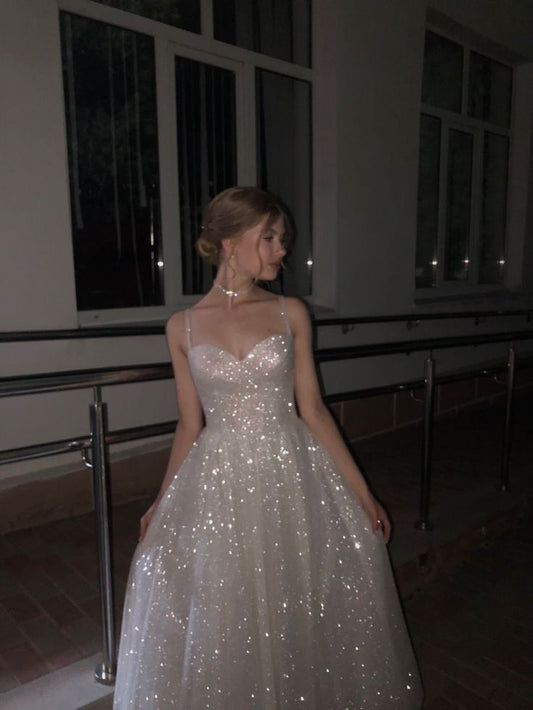 Pretty A Line Spaghetti Straps Silver Sequin Long Prom Dress Evening Dresses C3389