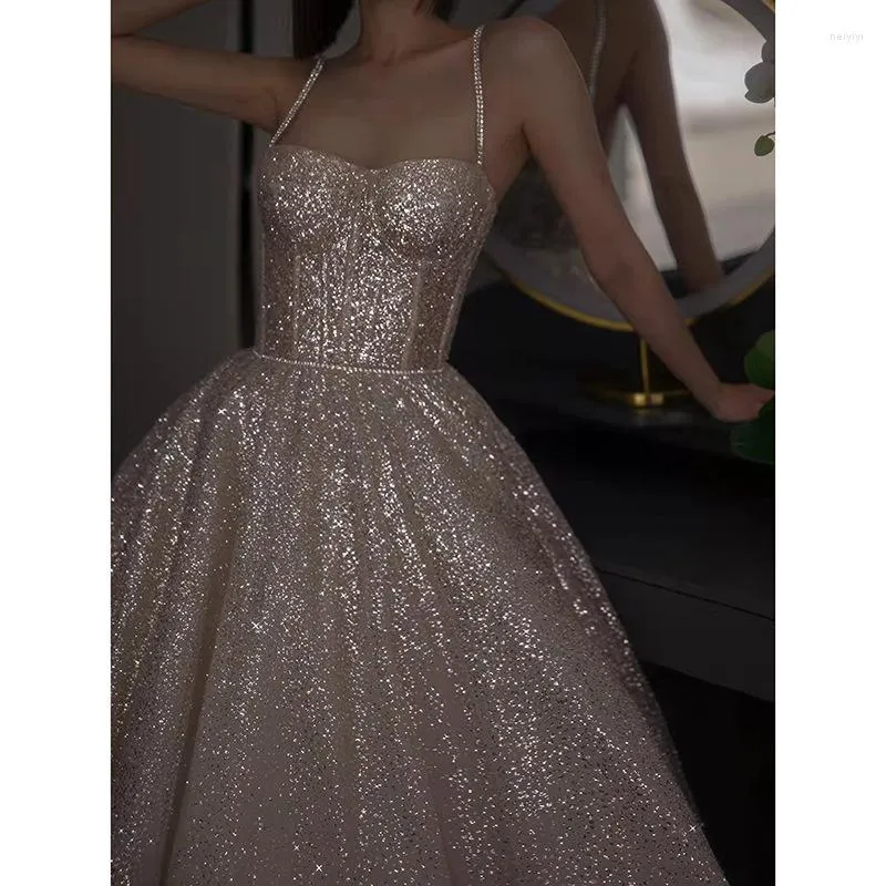 Pretty A Line Spaghetti Straps Silver Sequin Long Prom Dress Evening Dresses C3389