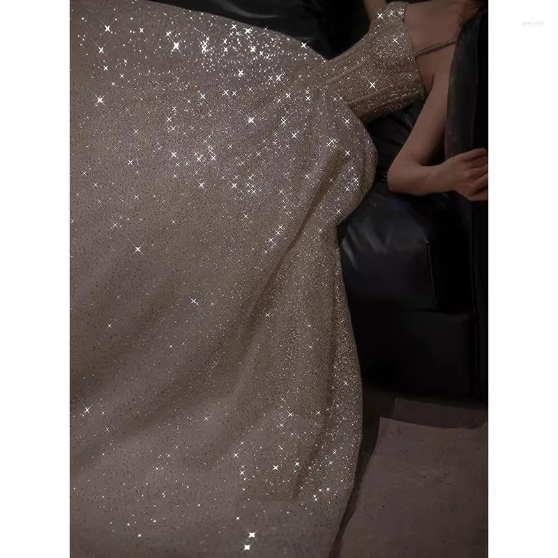 Pretty A Line Spaghetti Straps Silver Sequin Long Prom Dress Evening Dresses C3389