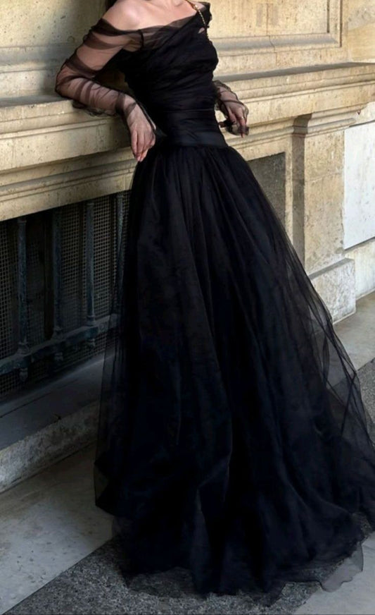 Elegant Ball Gown Off The Shoulder Black Tulle Long Prom Dress Evening Dresses With Ruffles C3390