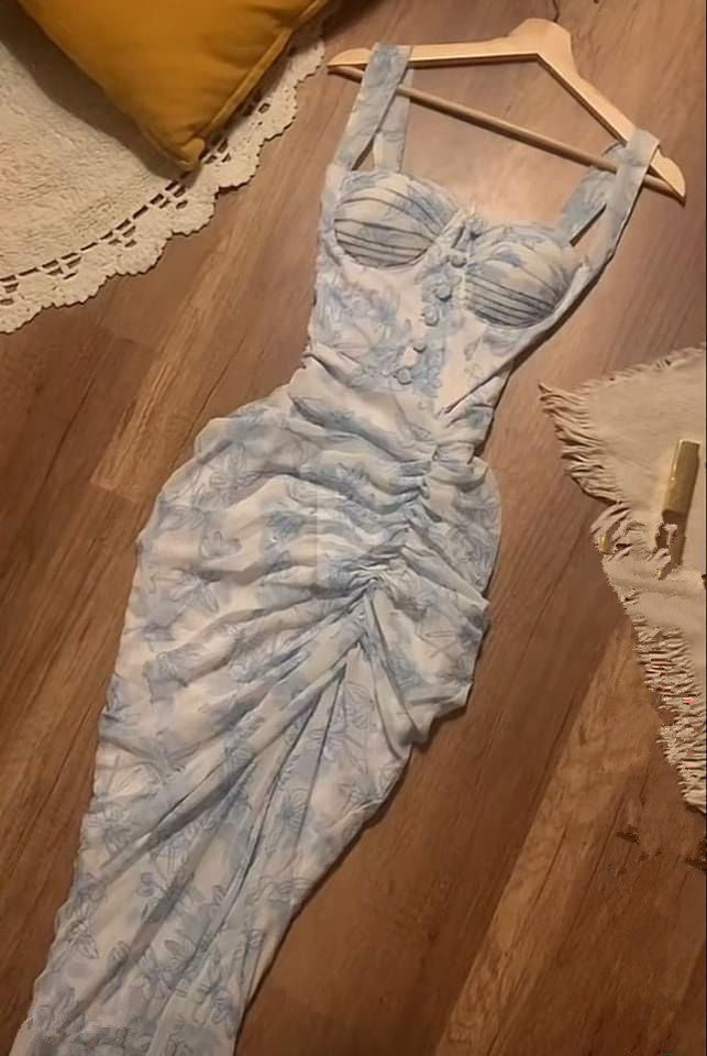 New Mermaid Straps Sleeveless Chiffon Ruffles Long Prom Dresses C3402