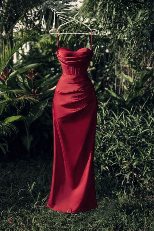 New Sheath Strapless Satin Slit Sleeveless Burgundy Evening Dress Prom Dresses C3406