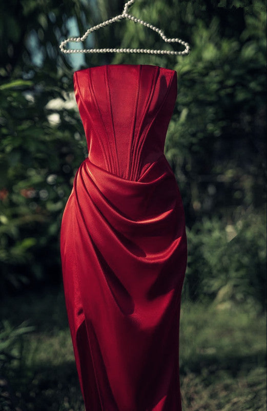 New Sheath Strapless Satin Slit Sleeveless Burgundy Evening Dress Prom Dresses C3406