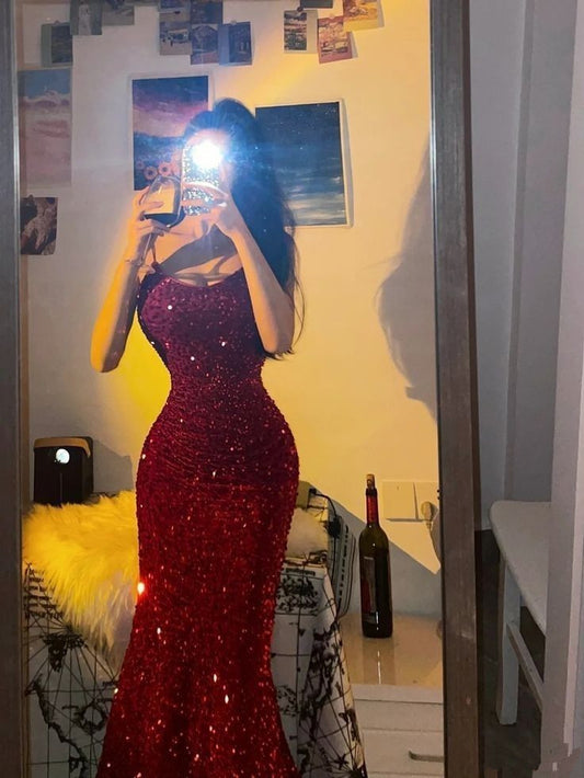 Pretty Sheath Spaghetti Straps Red Sequin Long Evening Dress Prom Dresses C3410