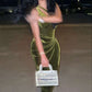 Pretty Sheath One Shoulder Green Velvet Slit Tea Length Evening Dress Prom Dresses C3415