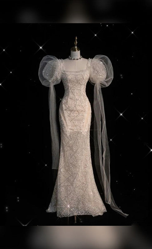 Chic Mermaid Square Neckline Half Sleeves Sequin Wedding Dresses With Tulle C3422