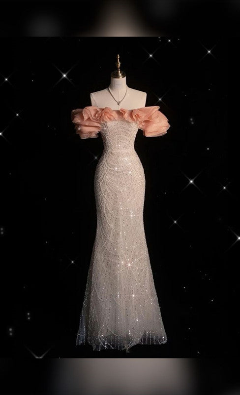 Pretty Mermaid Off The Shoulder Sequin Silver Evening Dress Prom Dresses C3423