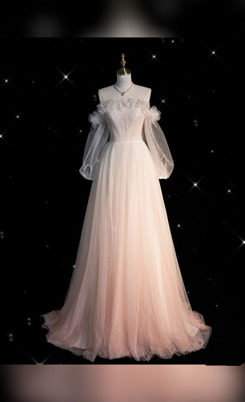 Pretty A Line Off The Shoulder Tulle Pink Long Ruffles Evening Dress Prom Dresses C3426