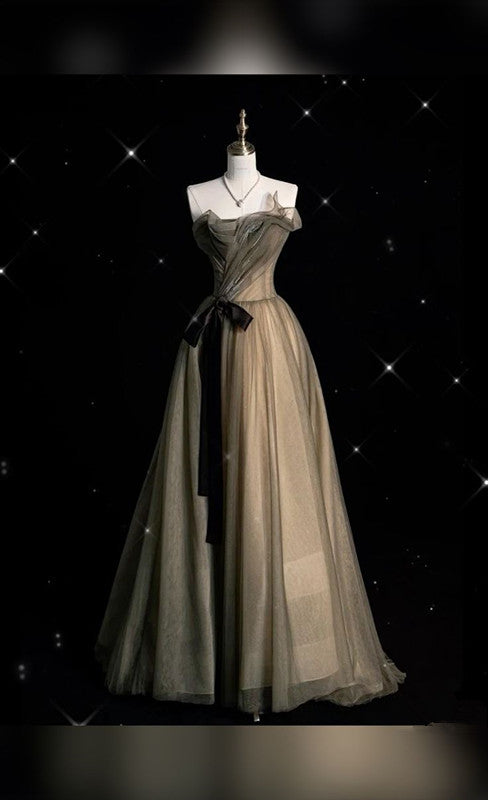 Pretty A Line Strapless Tulle Long Ruffles Evening Dress Prom Dresses C3427