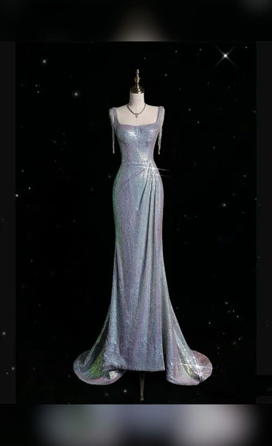 Pretty Sheath Square Neckline Sequins Long Ruffles Evening Dress Prom Dresses C3430