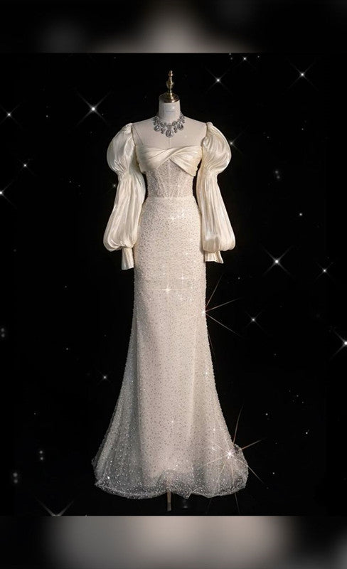 Chic Sheath Strapless White Satin Ruffles Long Sleeves Wedding Dresses Brides Dress C3433