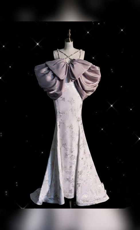 Pretty Mermaid Spaghetti Straps Lilac Satin Long Ruffles Evening Dress Prom Dresses C3434