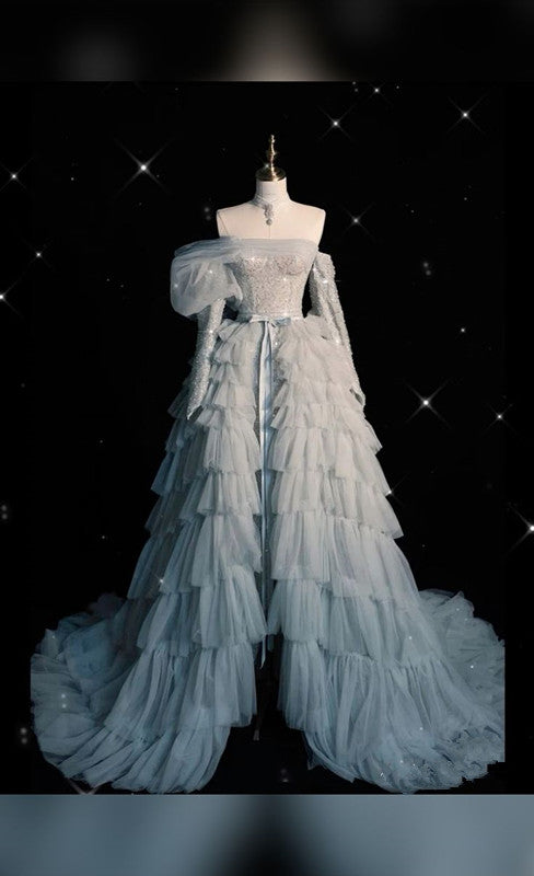 Pretty Ball Gown Off The Shoulder Tulle Long Ruffles Layers Evening Dress Prom Dresses C3435