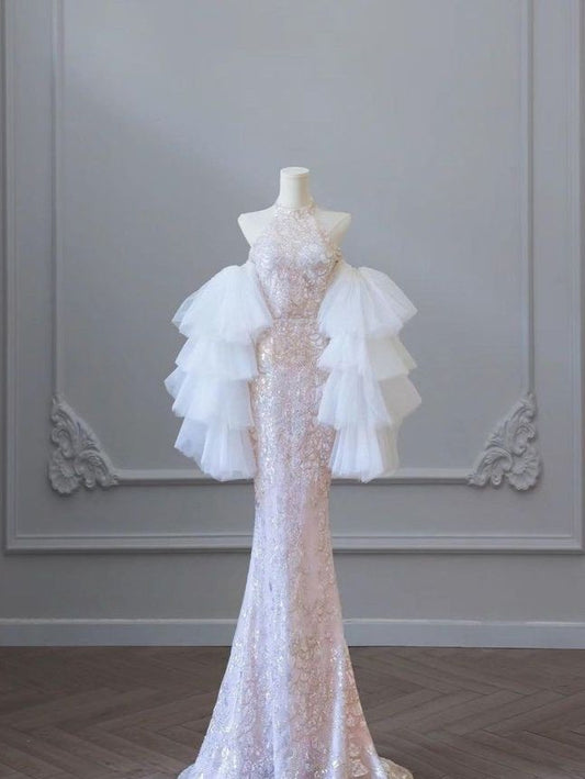 Pretty Sheath High Neckline Pink Sequin Long Tulle Ruffles Layers Evening Dress Prom Dresses C3436