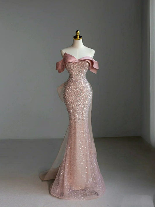 Pretty Sheath Off The Shoulder Pink Sequin Long Evening Dress Prom Dresses With Bow C3437