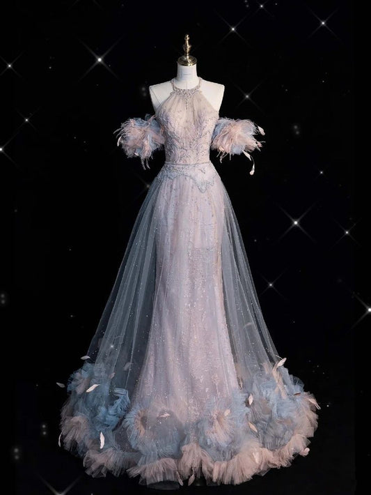 Pretty Mermaid High Neckline Short Sleeves Tulle Evening Dress Prom Dresses With Feather C3439