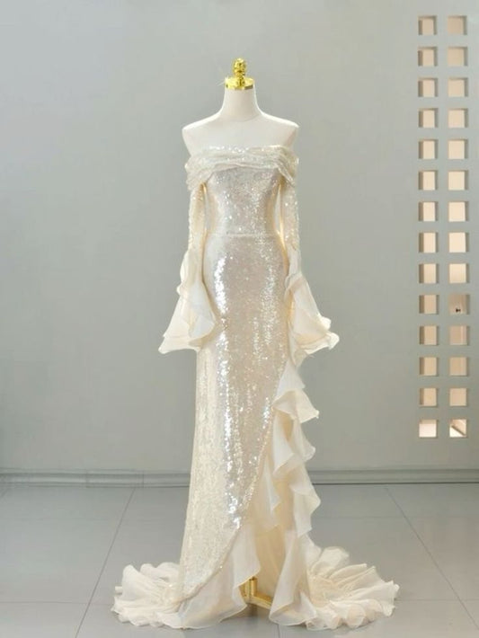 Pretty Mermaid Off The Shoulder Long Sleeves Sequin Evening Dress Prom Dresses With Ruffles C3440