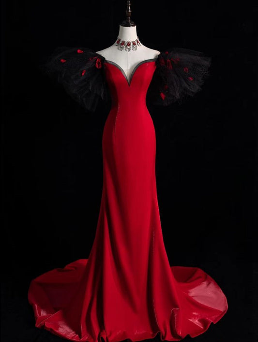 Pretty Mermaid Off The Shoulder Satin Red Long Evening Dress Prom Dresses With Sleeves C3442