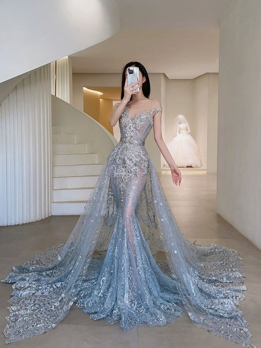 Robe de soirée longue bleue à paillettes et épaules dénudées, jolie sirène, en dentelle, avec manches, C3443