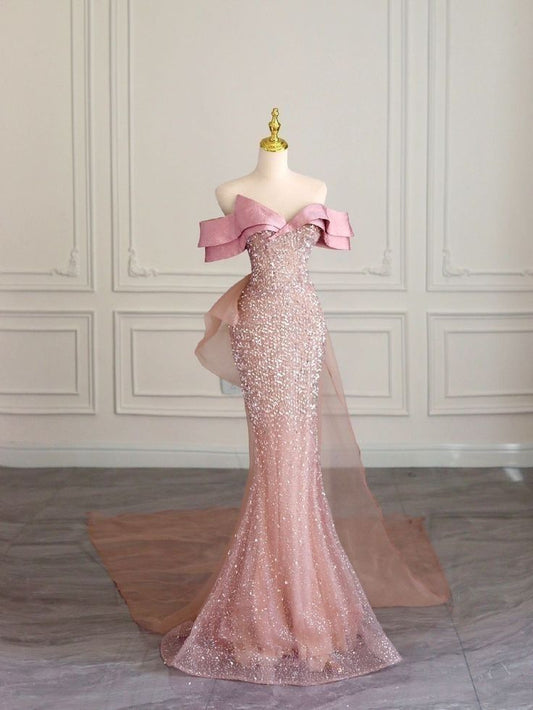 Pretty Mermaid Off The Shoulder Sequin Pink Long Evening Dress Prom Dresses With Bow C3445