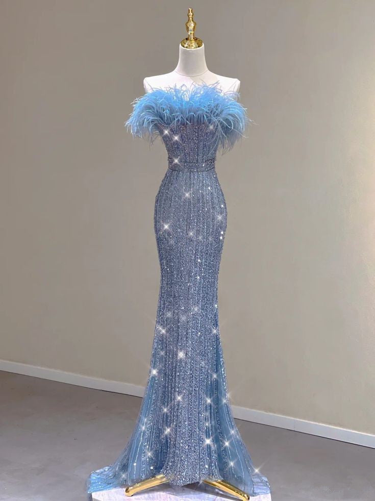 Pretty Mermaid Strapless Sequin Long Evening Dress Prom Dresses With Feather C3447