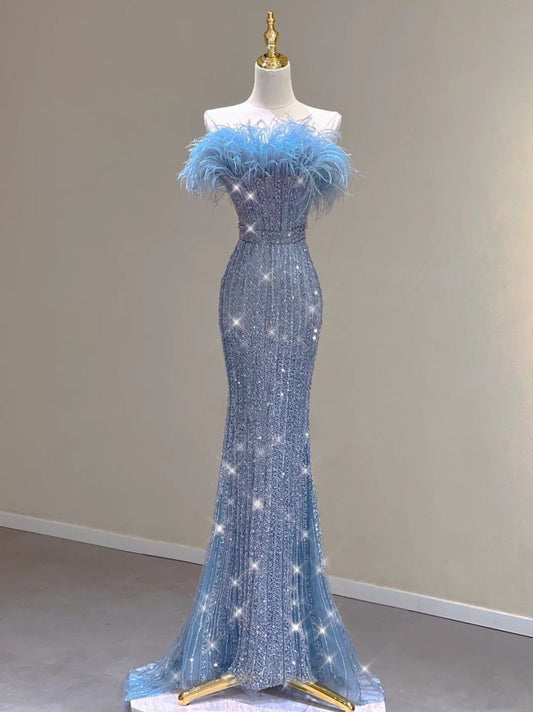 Pretty Mermaid Strapless Sequin Long Evening Dress Prom Dresses With Feather C3447