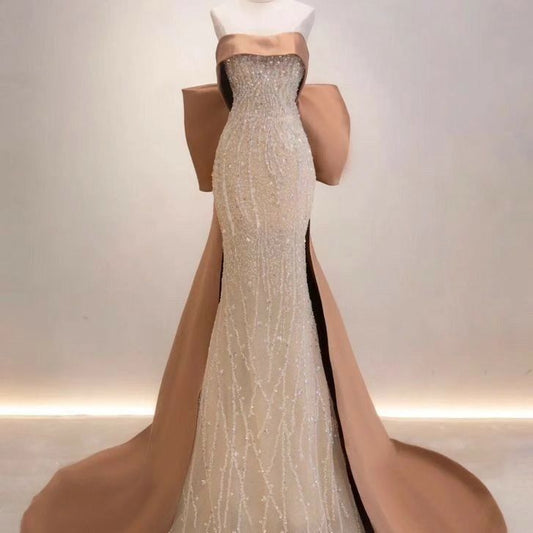 Pretty Mermaid Strapless Satin Long Evening Dress Sequin Prom Dresses With Bow C3448