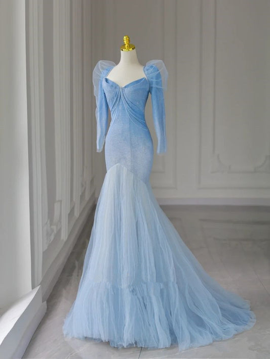 Pretty Mermaid Sweetheart Tulle Blue Long Sleeves Evening Dress Prom Dresses With Ruffles C3451