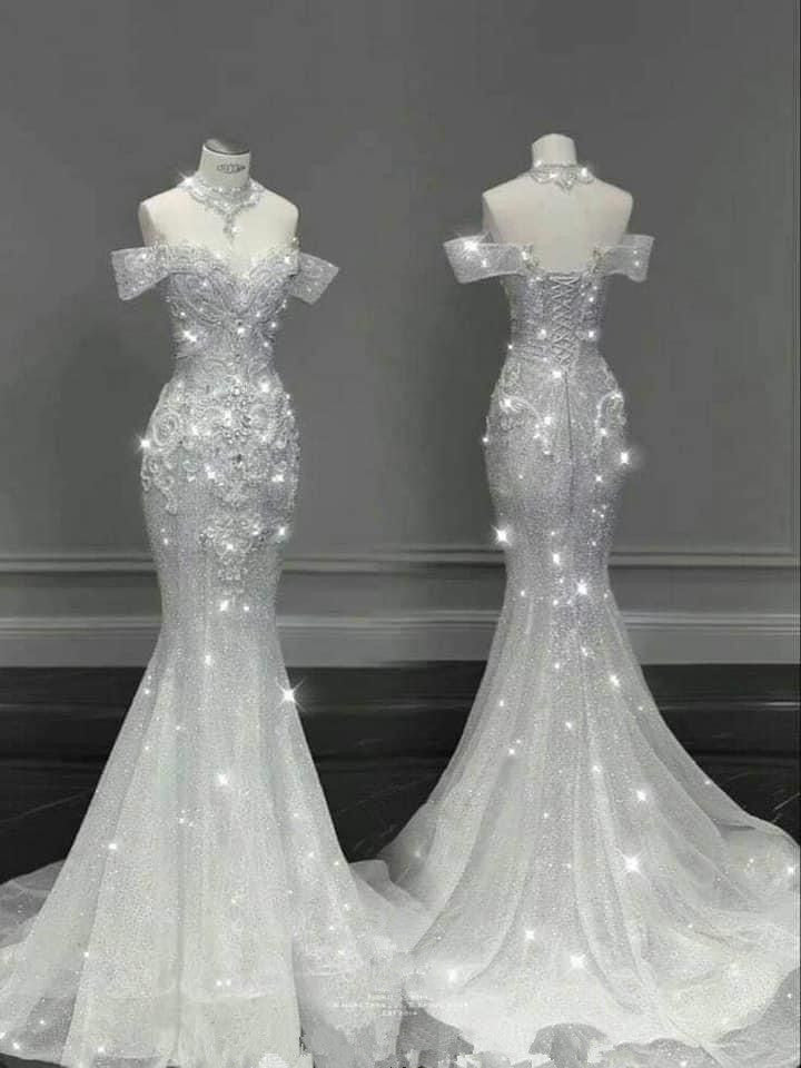 Chic Mermaid Off The Shoulder Short Sleeves Sequin Wedding Dresses With Beads C3452