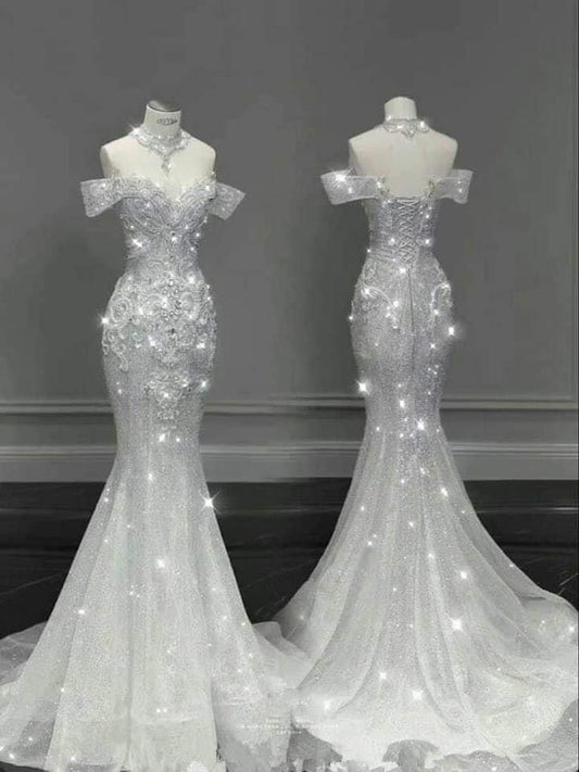 Chic Mermaid Off The Shoulder Short Sleeves Sequin Wedding Dresses With Beads C3452