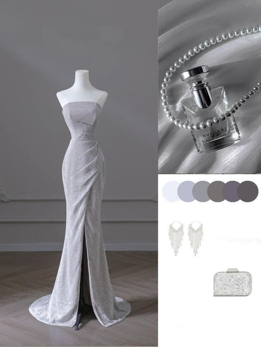 Sparkly Mermaid Strapless Sequin Long Slit Evening Dress Prom Dresses With Ruffles C3456