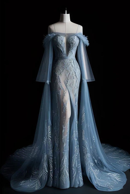 Vintage Mermaid Off The Shoulder Long Sleeves Tulle Blue Evening Dress Prom Dresses With Lace C3457