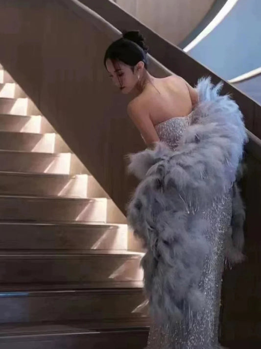 Jolie robe de soirée longue sirène à paillettes et décolleté en cœur, tenue de bal, d'anniversaire, C3461-1