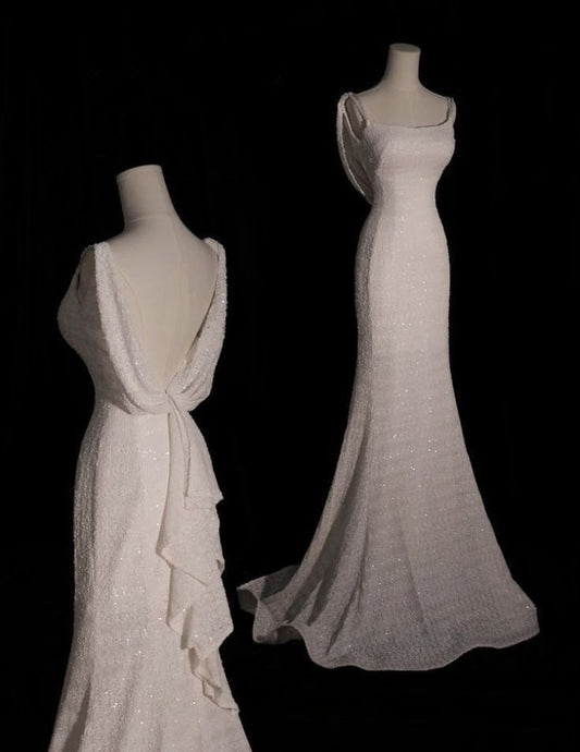 Chic Mermaid Straps White Sequin Sleeveless Long Wedding Dresses With Ruched Back C3463