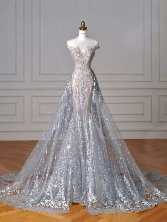 Chic Mermaid Off The Shoulder Sequin Lace Long Wedding Dresses With Train C3464