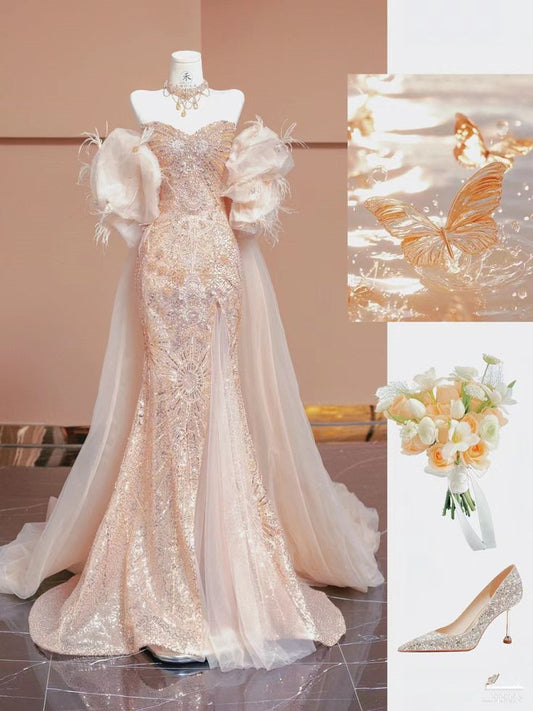 Pretty Mermaid Sweetheart Sequin Long Evening Dress Prom Dresses With Sleeves C3465