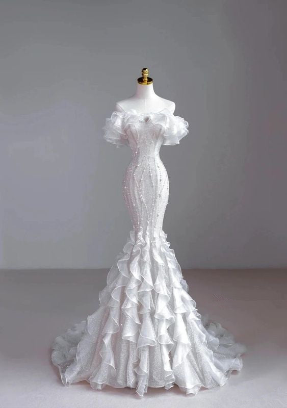 Chic Mermaid Off The Shoulder Ruffles White Long Wedding Dresses With Pearls C3466
