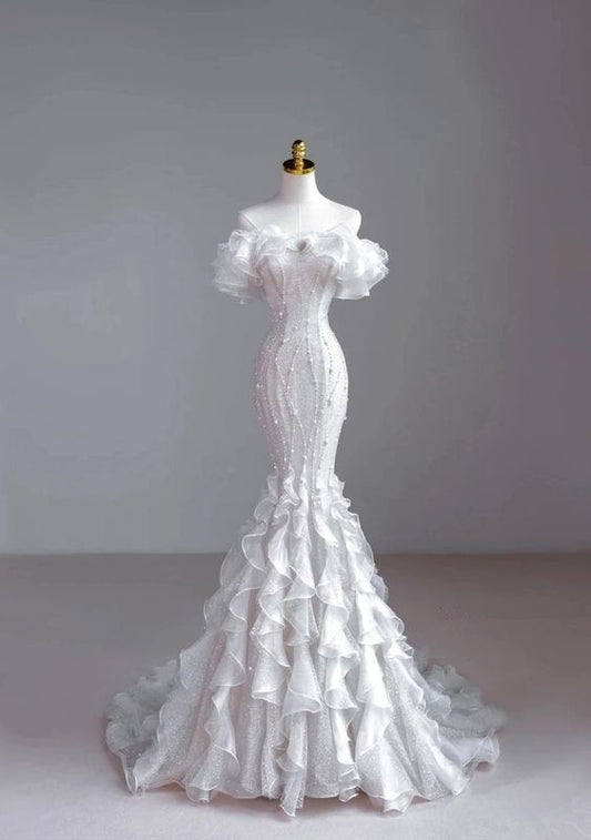 Chic Mermaid Off The Shoulder Ruffles White Long Wedding Dresses With Pearls C3466