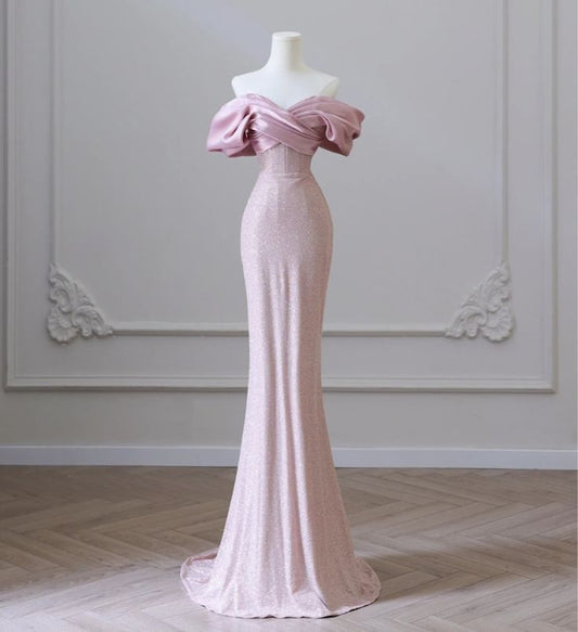 Pretty Mermaid Off The Shoulder Sequin Long Evening Dress Pink Prom Dresses With Ruffles C3467