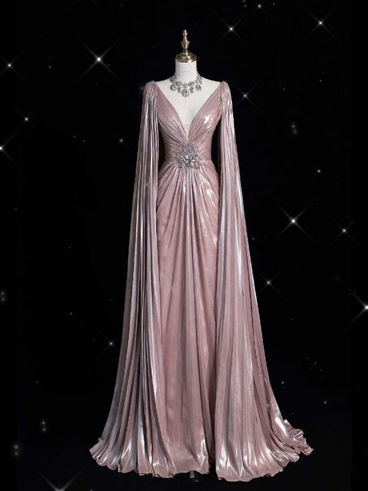 Pretty A Line V Neckline Sequin Long Sleeves Pink Evening Dress Prom Dresses C3469