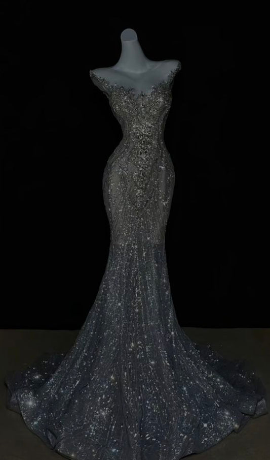 Pretty Mermaid Off The Shoulder Sequin Cap Sleeves Evening Dress Silver Prom Dresses With Beads C3470