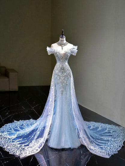 Pretty Mermaid Off The Shoulder Sequin Cap Sleeves Blue Evening Dress Long Prom Dresses With Beads C3471