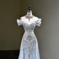 Pretty Mermaid Off The Shoulder Sequin Cap Sleeves Blue Evening Dress Long Prom Dresses With Beads C3471